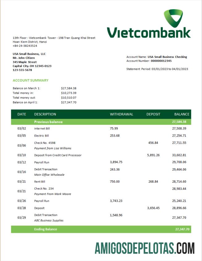 Imprimível Vietcombank Business Statement modelo Word e PDF